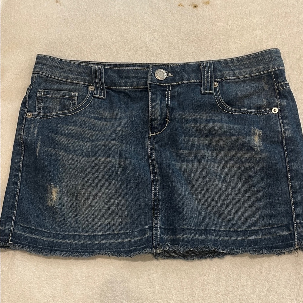 Dark Blue Distressed Denim Mini Skirt
